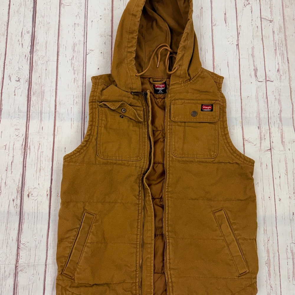 Men’s Tan Brown Sleeveless Vest Jacket Hooded by wrangler Full Zip Utility Work